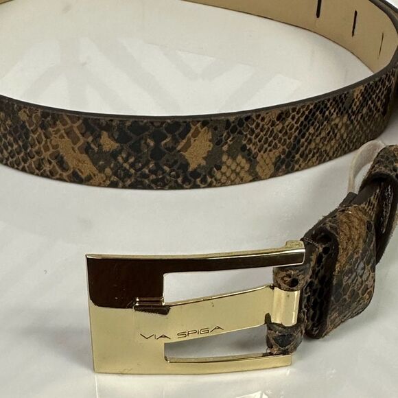 Via Spiga Brown Snake Print Belt Gold Logo Hardware Size M - Picture 2 of 6